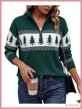 Women's Quarter Zip Christmas Sweater Long Sleeve Pullover